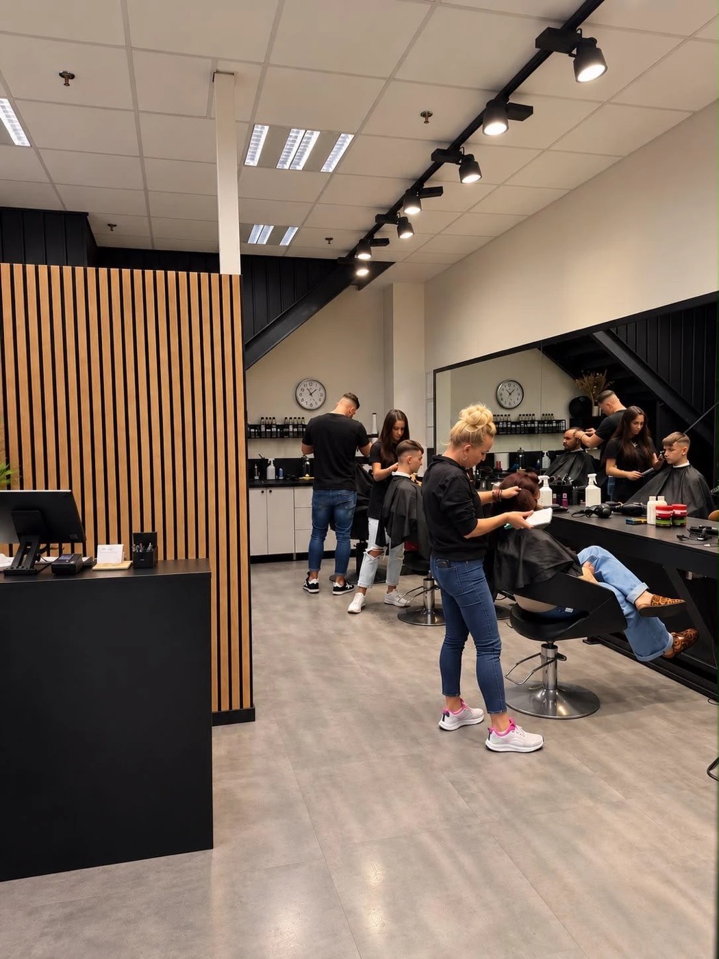 Interiorul Hair Design Studio Cora, cu oglinda lungă și rafturile de produse