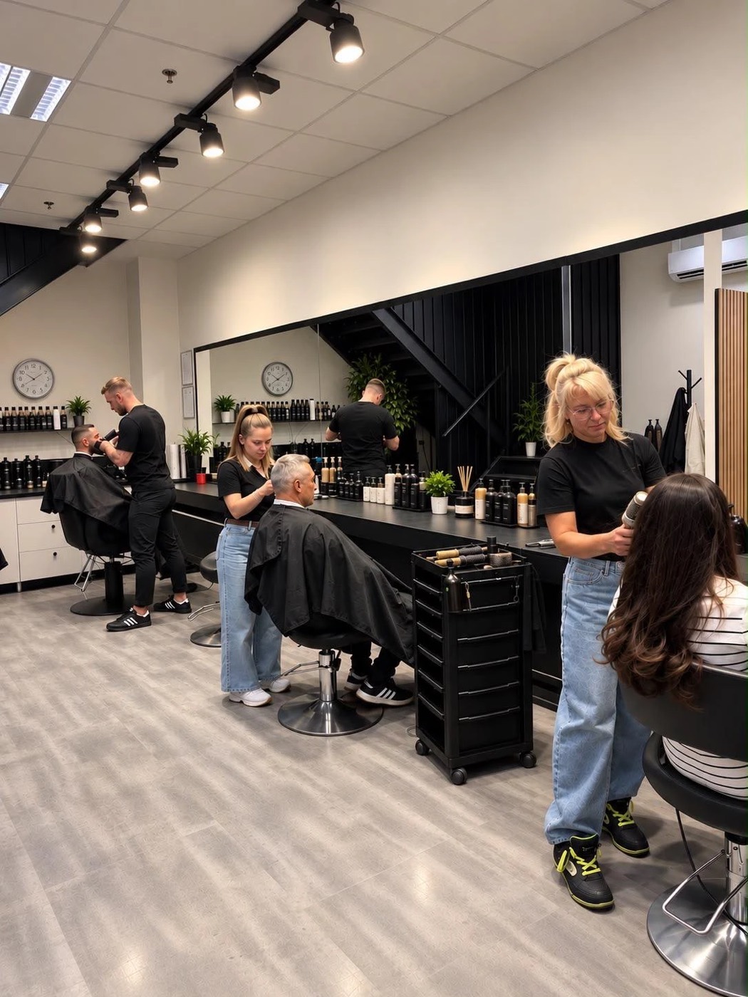 Stiliști la lucru la posturile Hair Design Studio din Galeria Cora