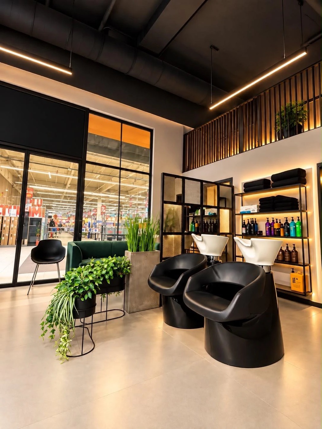 Zona de spălat de la Headen Auchan, cu două scaune negre și rafturi luminate