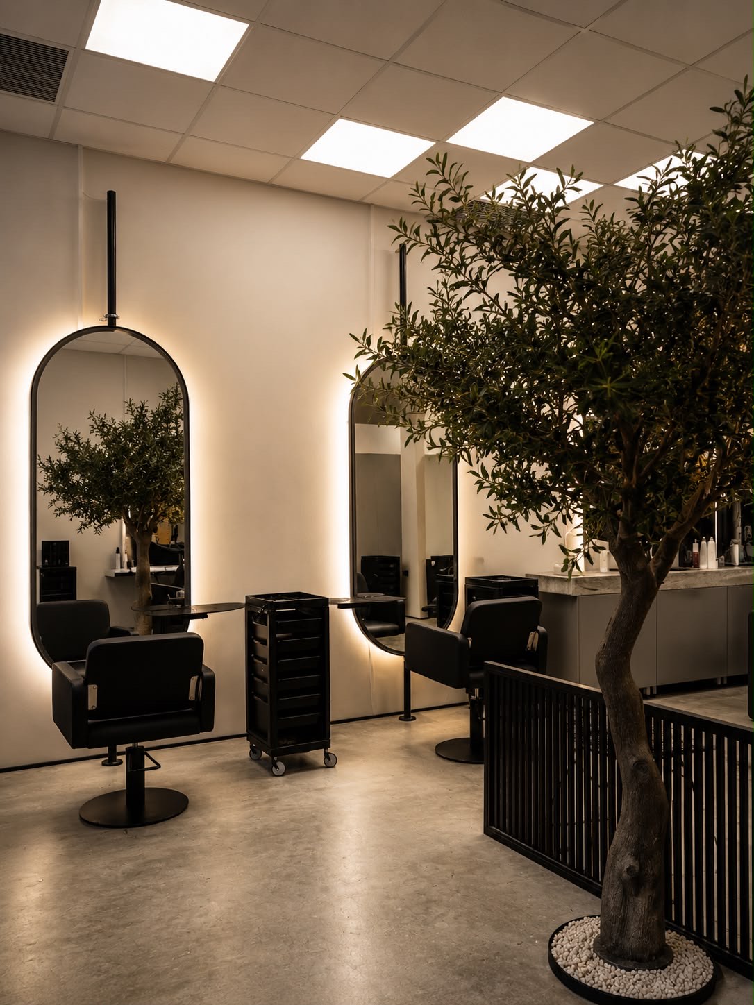Posturile de coafat Headen, cu oglinzi ovale iluminate din spate și măslinul din salon