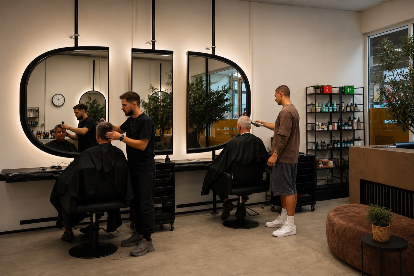 Posturi de lucru ocupate simultan în salonul Headen, stiliști tunzând clienți